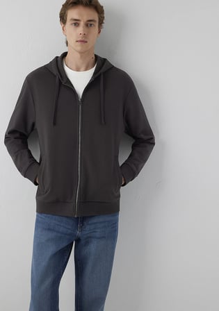 Kapüşonlu Fermuarlı Kahverengi Sweatshirt 0S10423-70219