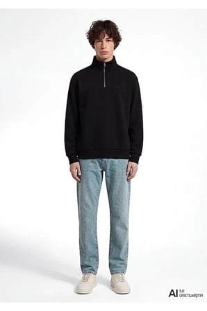 LOGO YARIM FERMUARLI SWEATSHIRT Siy