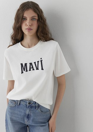 Mavi Logo Baskılı Ekru Tişört 1614376-70057
