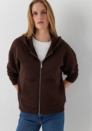 Kapüşonlu Kahverengi Basic Sweatshirt 1S10570-70236