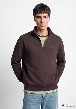 Mavi Logo Yarı Fermuarlı Kahverengi Sweatshirt 0S10585-70219