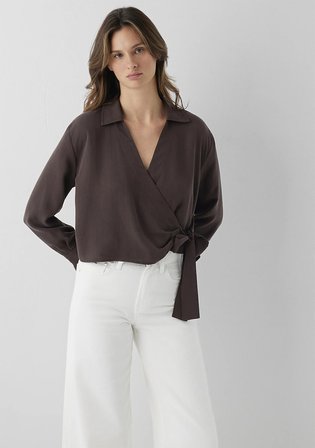 (Tencel TM) Lyocell Çapraz Bağlamalı Kahverengi Bluz 1211581-70236