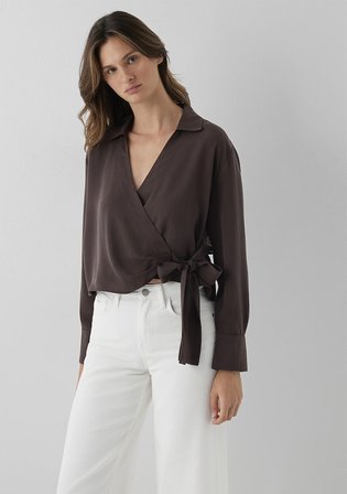 (Tencel TM) Lyocell Çapraz Bağlamalı Kahverengi Bluz 1211581-70236