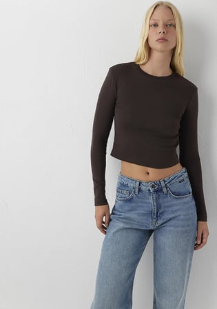 Uzun Kollu Kahverengi Crop Basic Tişört 1612822-70240