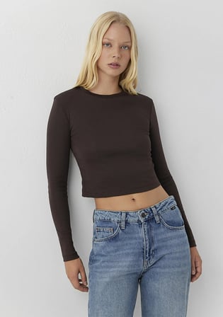 Uzun Kollu Kahverengi Crop Basic Tişört 1612822-70240