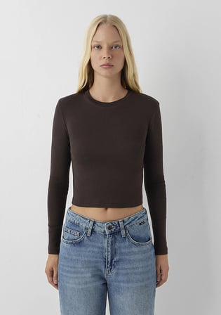Uzun Kollu Kahverengi Crop Basic Tişört 1612822-70240