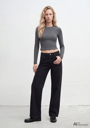 Uzun Kollu Antrasit Crop Basic Tişört 1612822-80024