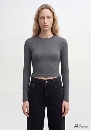Uzun Kollu Antrasit Crop Basic Tişört 1612822-80024