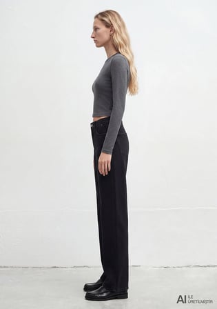 Uzun Kollu Antrasit Crop Basic Tişört 1612822-80024
