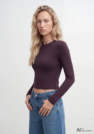 Uzun Kollu Mor Crop Basic Tişört 1612822-70635