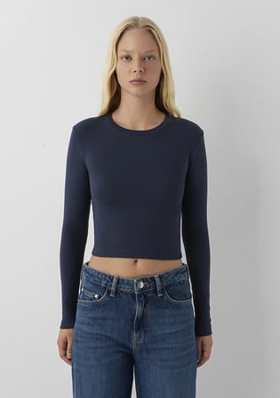 Uzun Kollu Lacivert Crop Basic Tişört 1612822-87524