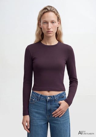 Uzun Kollu Mor Crop Basic Tişört 1612822-70635