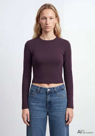 Uzun Kollu Mor Crop Basic Tişört 1612822-70635