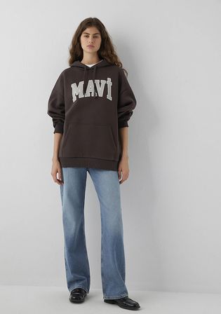 Mavi Logo Baskılı Kapüşonlu Kahverengi Sweatshirt 1600361-70240