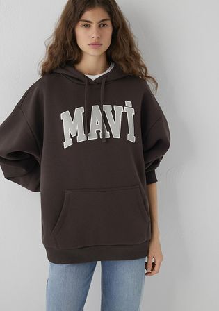 Mavi Logo Baskılı Kapüşonlu Kahverengi Sweatshirt 1600361-70240