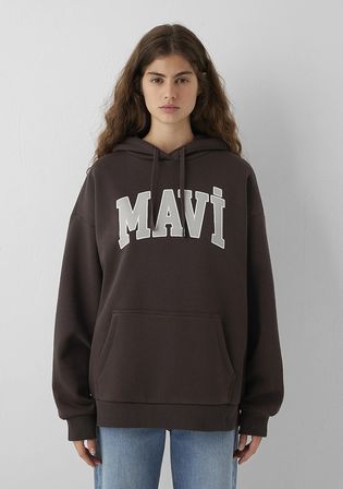 Mavi Logo Baskılı Kapüşonlu Kahverengi Sweatshirt 1600361-70240