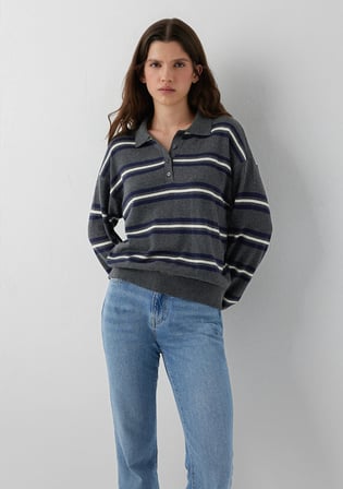 Çizgili Polo Yaka Gri Triko 1711026-91733