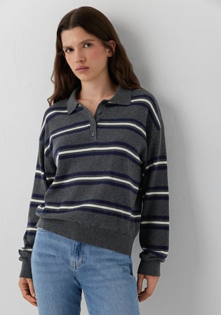 Çizgili Polo Yaka Gri Triko 1711026-91733
