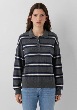 Çizgili Polo Yaka Gri Triko 1711026-91733