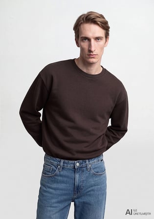 Bisiklet Yaka Kahverengi Basic Sweatshirt 0S10276-70219