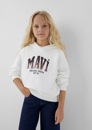 Mavi 7S10179-70057 Mavi Logo Baskılı Kapüşonlu Ekru Sweatshirt