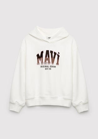 Mavi 7S10179-70057 Mavi Logo Baskılı Kapüşonlu Ekru Sweatshirt