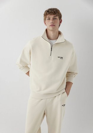 Mavi Logo Baskılı Yarı Fermuarlı Bej Sweatshirt 0S10678-70072