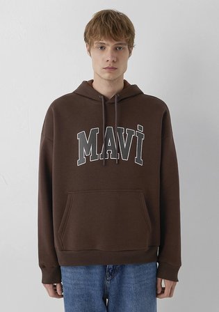 Mavi Logo Baskılı Kapüşonlu Kahverengi Sweatshirt 067149-88062