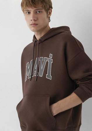 Mavi Logo Baskılı Kapüşonlu Kahverengi Sweatshirt 067149-88062