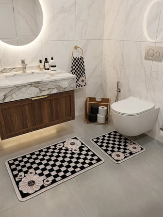 Damalı Çiçek Desenli Lateks Taban 2'li Banyo Paspası  (60x100-60x50)