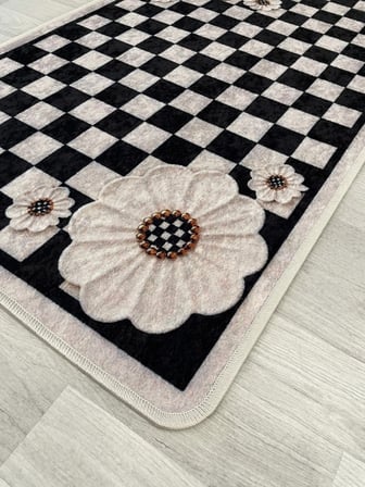 Damalı Çiçek Desenli Lateks Taban 2'li Banyo Paspası  (60x100-60x50)