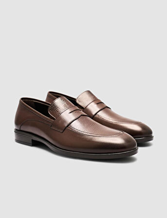  %100 Gerçek Deri Kahverengi Şeritli Erkek Loafer Ayakkabı