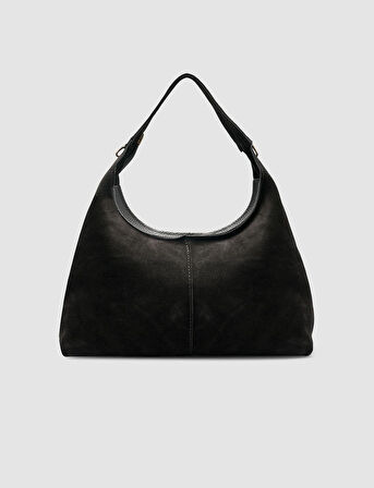 %100 Deri Süet Çıkarılabilir Askılı Siyah Kadın Omuz Çantası