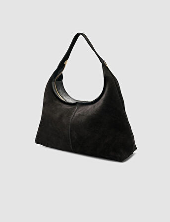 %100 Deri Süet Çıkarılabilir Askılı Siyah Kadın Omuz Çantası