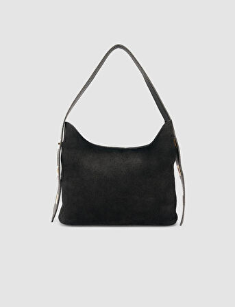  %100 Süet Deri Kemerli Siyah Kadın Omuz Çantası