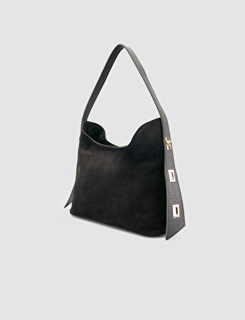  %100 Süet Deri Kemerli Siyah Kadın Omuz Çantası