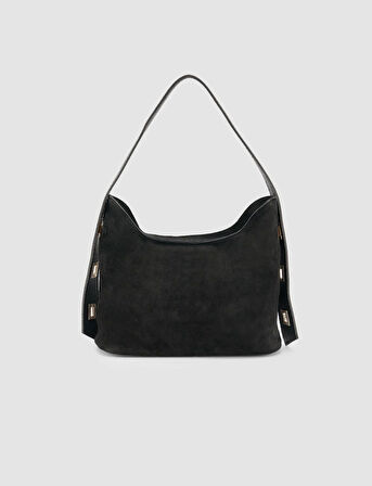  %100 Süet Deri Kemerli Siyah Kadın Omuz Çantası
