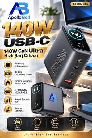 140W GaN Hızlı Şarj Cihazı 4 Port USB-C USB-A PD 3.1 LCD Ekran Telefon Tablet Şarj Adaptörü CHU02-007