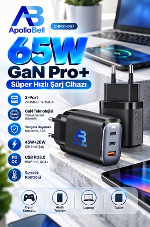 65W GaN Pro Hızlı Şarj Adaptörü – 2 Type-C + USB-A 3 Portlu Şarj Aleti CHP01-007