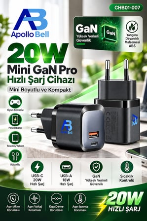 20W GaN Pro Hızlı Şarj Cihazı USB-C+USB-A Mini Kompakt Adaptör CHB01-007