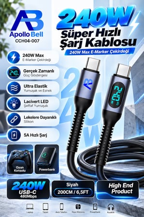 240W Yüksek Hızlı Ekranlı Şarj Kablosu 200 cm Siyah CCH04-007