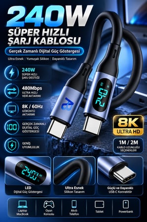 240W Süper Hızlı Şarj Kablosu 5A Hızlı Şarj Ekranlı 20 cm Siyah CCH09-007 