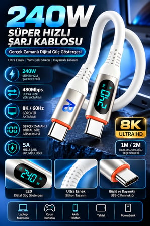 240W Süper Hızlı Şarj Type C Kablo Güç Göstergeli Samsung Xiaomi Huawei iPhone Uyumlu 20 cm Beyaz CCH10-007
