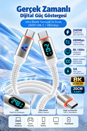 240W Süper Hızlı Şarj Type C Kablo Güç Göstergeli Samsung Xiaomi Huawei iPhone Uyumlu 20 cm Beyaz CCH10-007