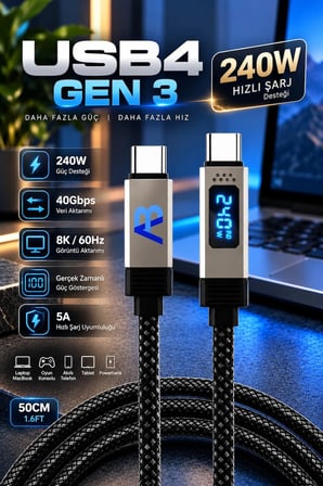 240W Süper Hızlı Şarj USB4 Gen 3 Kablo 40Gbps Süper Hızlı Veri Aktarımı 8K 60Hz 50 cm Siyah CCH11-007 