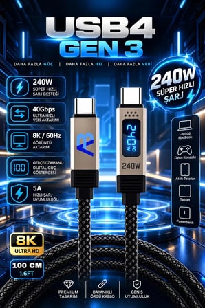 240W Süper Hızlı Şarj USB4 Gen 3 Kablo 40Gbps Süper Hızlı Veri Aktarımı 8K 60Hz 100 cm Siyah CCH12-007