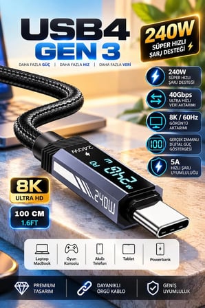 USB4 Gen 3 240W Süper Hızlı Şarj USB-C Kablo Samsung Xiaomi Huawei iPhone Uyumlu 150 cm Siyah CCH13-007
