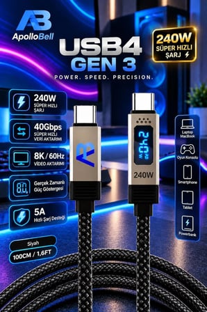 USB4 Gen 3 240W Süper Hızlı Şarj USB-C Kablo Samsung Xiaomi Huawei iPhone Uyumlu 150 cm Siyah CCH13-007