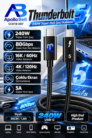Thunderbolt 5 USB-C Kablo 240W Süper Hızlı Şarj 80Gbps Süper Hızlı Veri Aktarım 50 cm Siyah CCH18-007