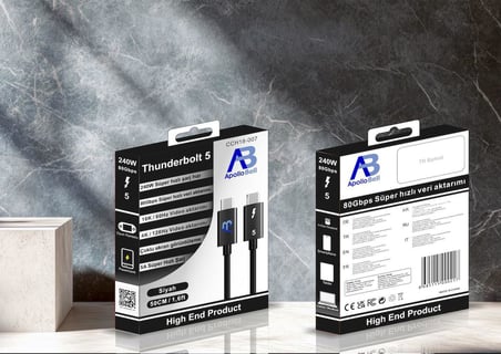 Thunderbolt 5 USB-C Kablo 240W Süper Hızlı Şarj 80Gbps Süper Hızlı Veri Aktarım 50 cm Siyah CCH18-007